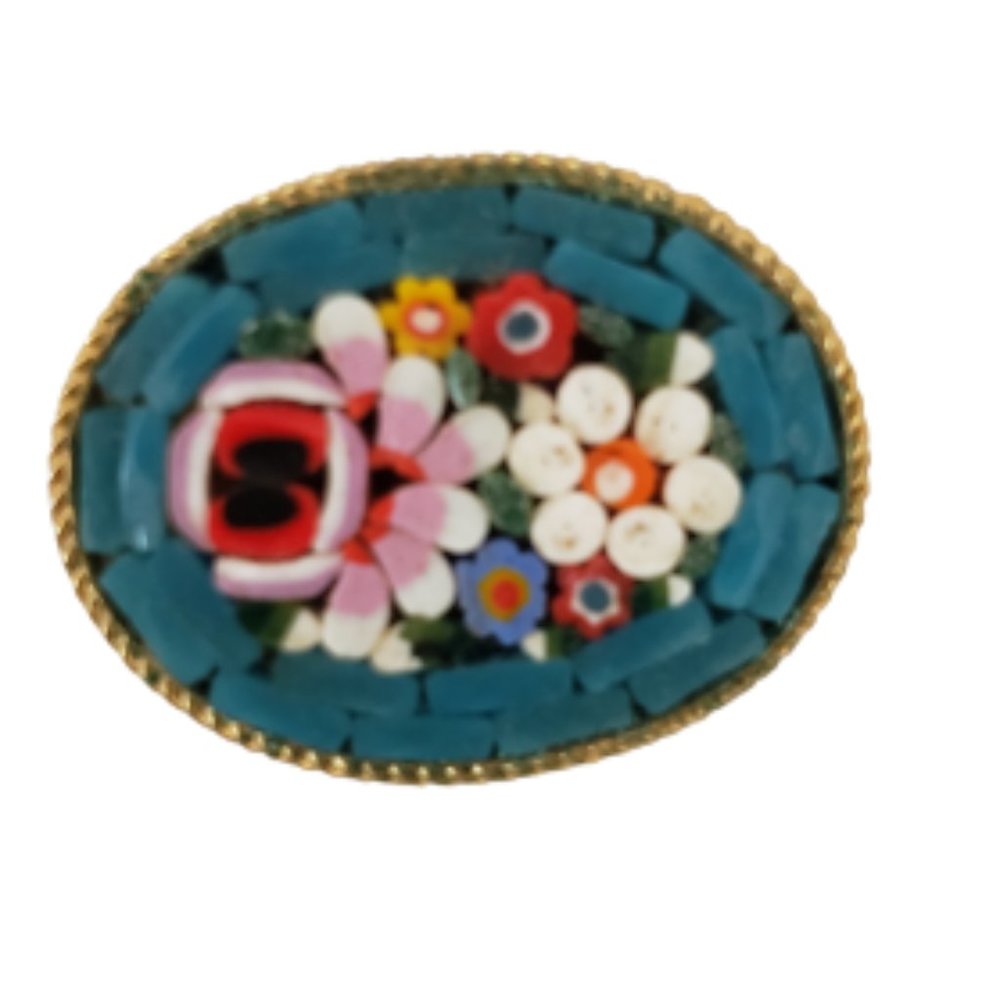 Vintage Italy Micro Mosaic Rose & Flowers Blue Background Oval Brooch Pin